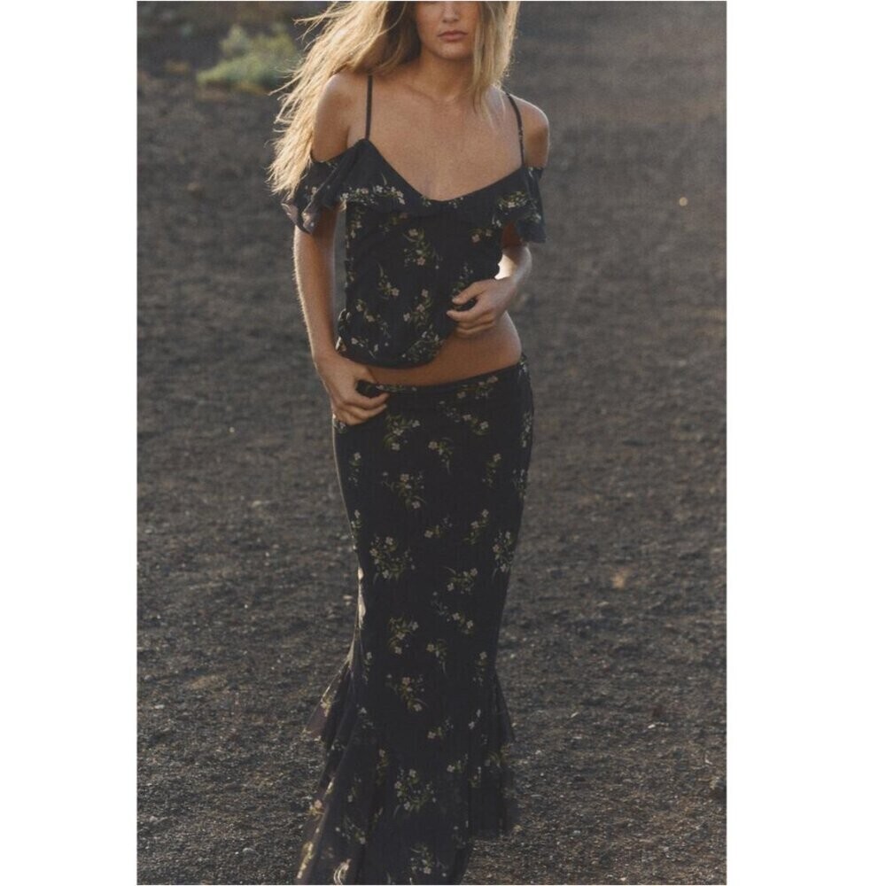 Zara Printed Tulle Mesh Set Maxi Skirt Tank Top Black Floral Size Medium